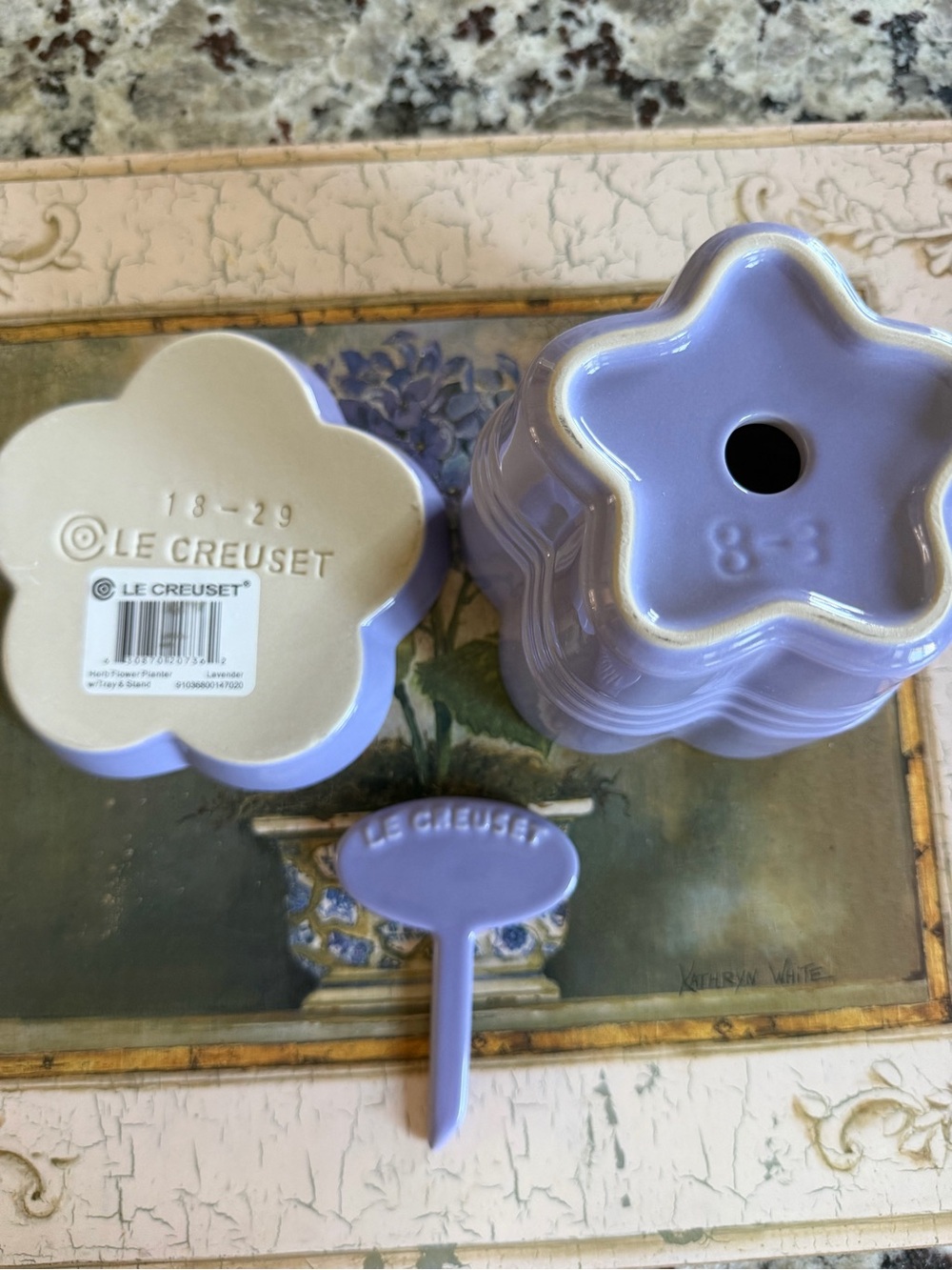 Le Creuset Lilac Stoneware Flower Planter with Saucer and Plant Tag - Picture 2 of 3